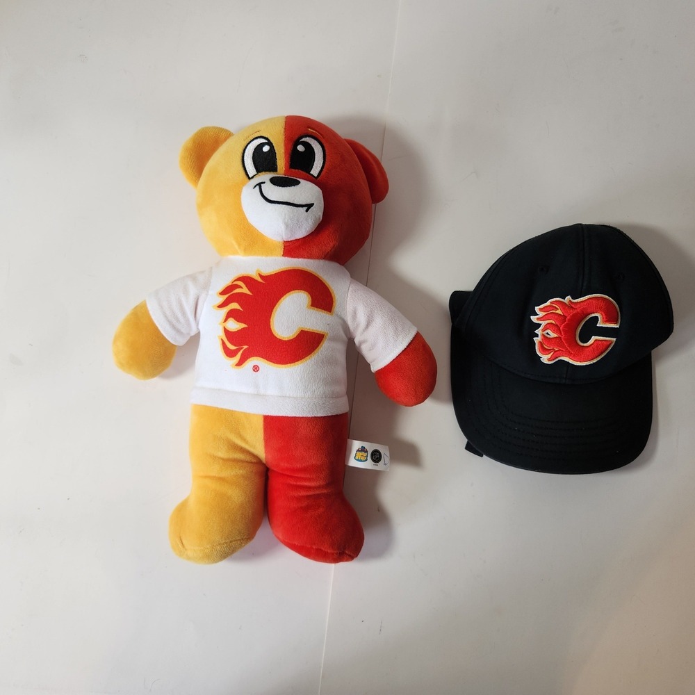 Calgary Flames NHL Plush Bear and Black Logo Baseball Cap Bundle 2pc Set